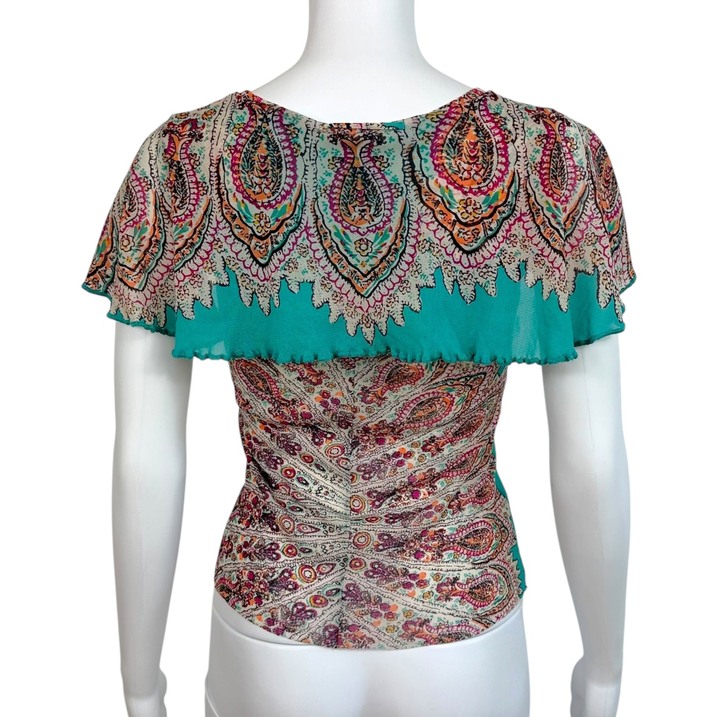 Jean Paul Gaultier Turquoise & Multicolor Paisley Mesh Ruffle Neckline Blouse