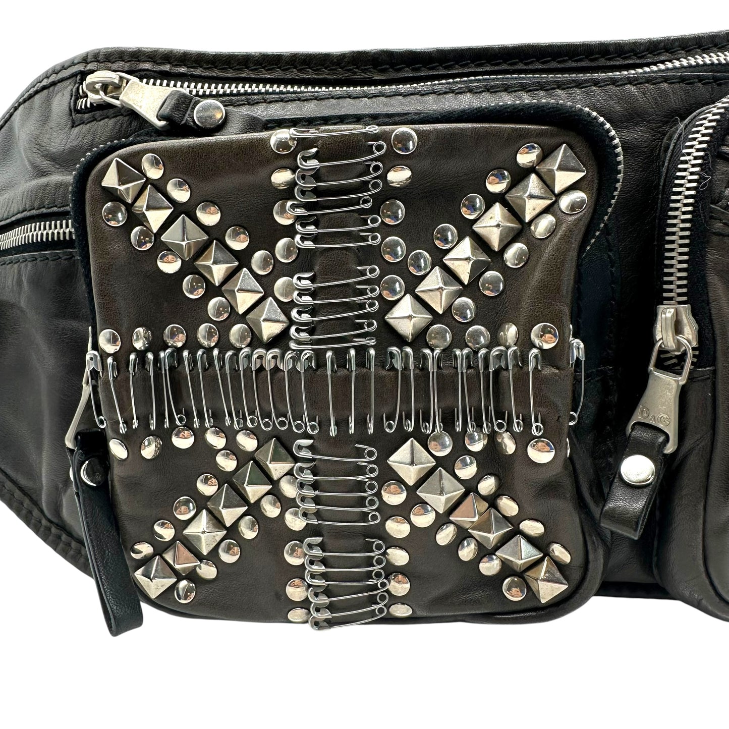 D&G Dolce & Gabbana Safety Pin Union Jack Black Leather Waist Bag