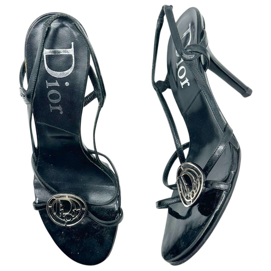 Christian Dior Black Strappy Sandal Heels with Logo Charm