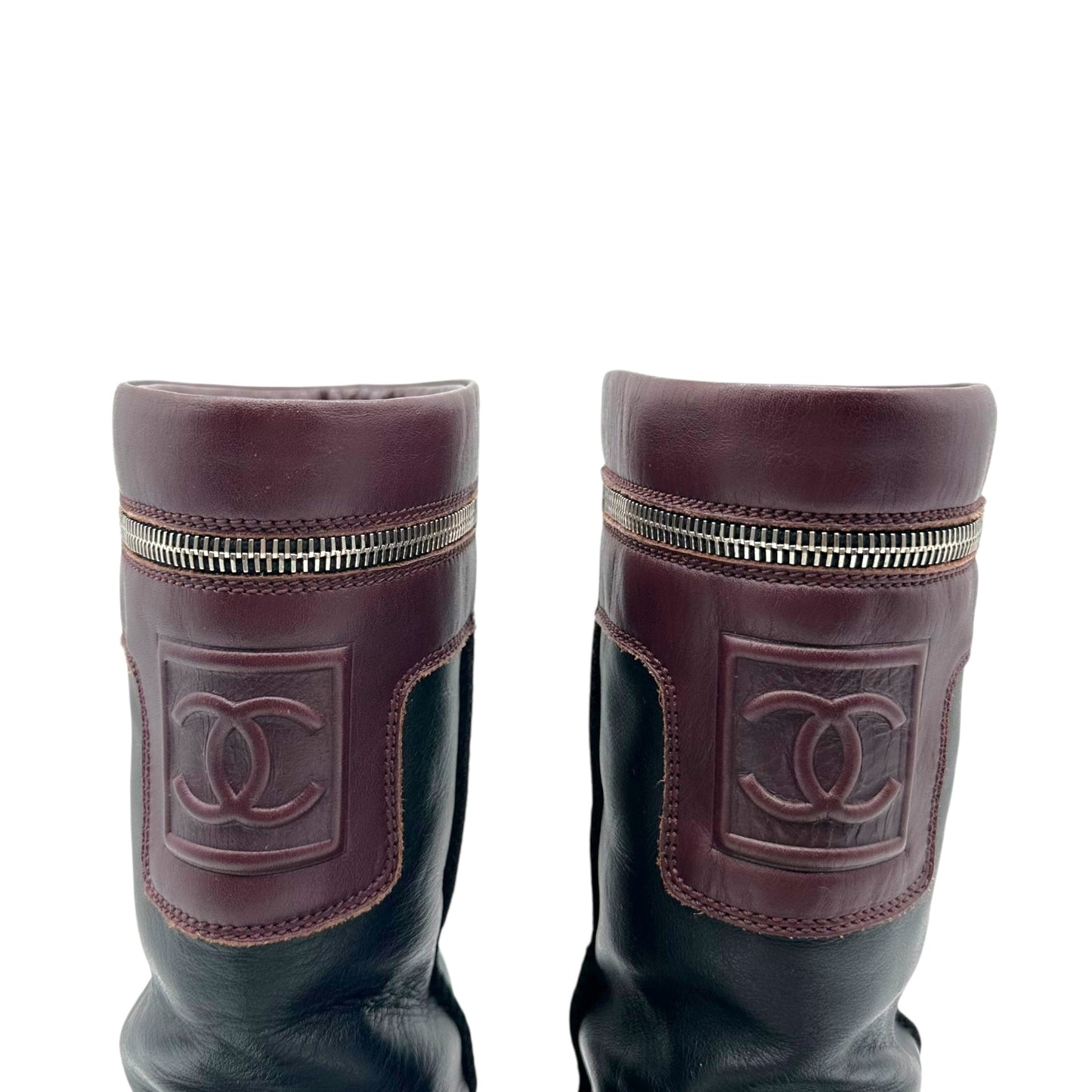 Chanel Burgundy & Black Leather Moto Boots
