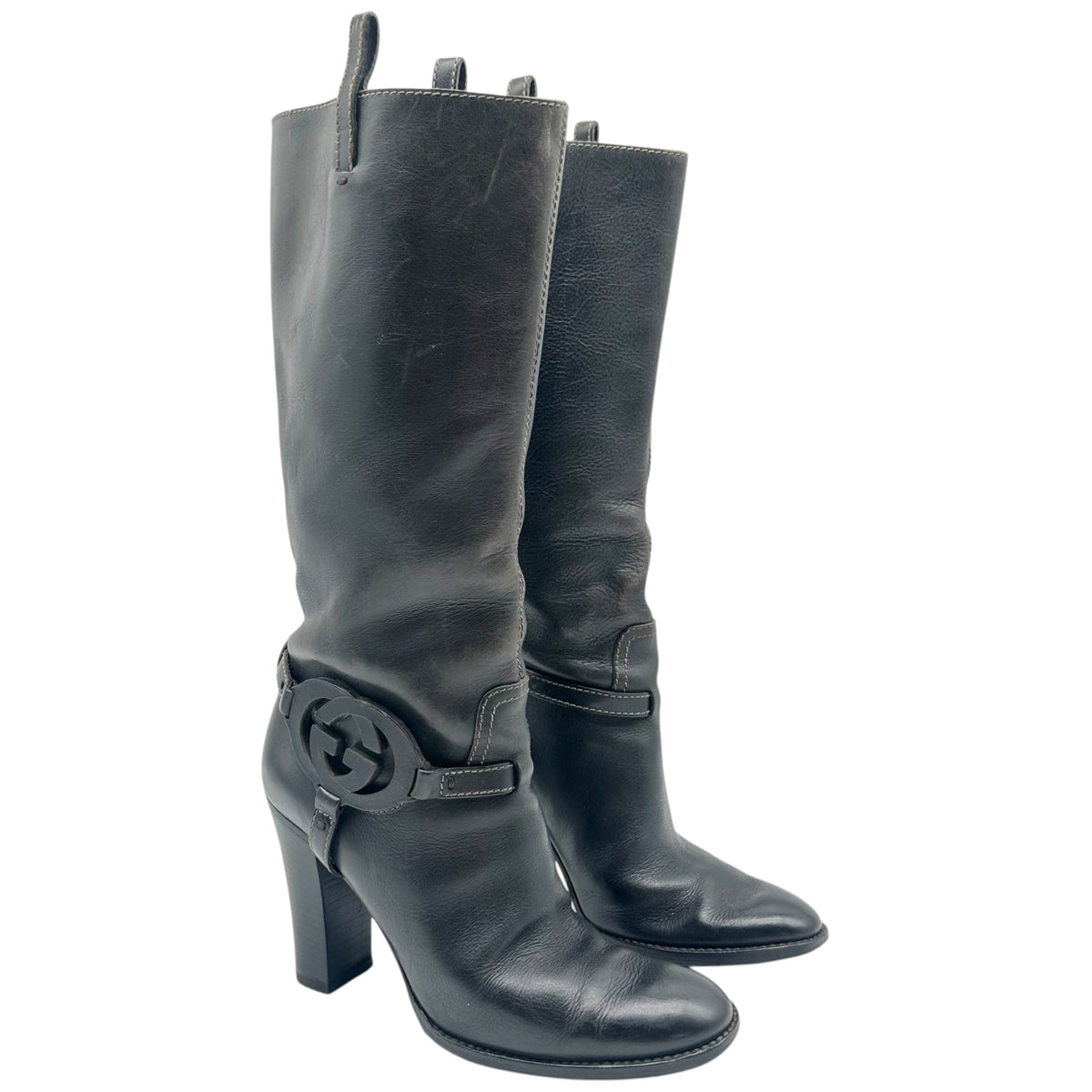 Gucci Black Leather Heeled Boots with GG Logo