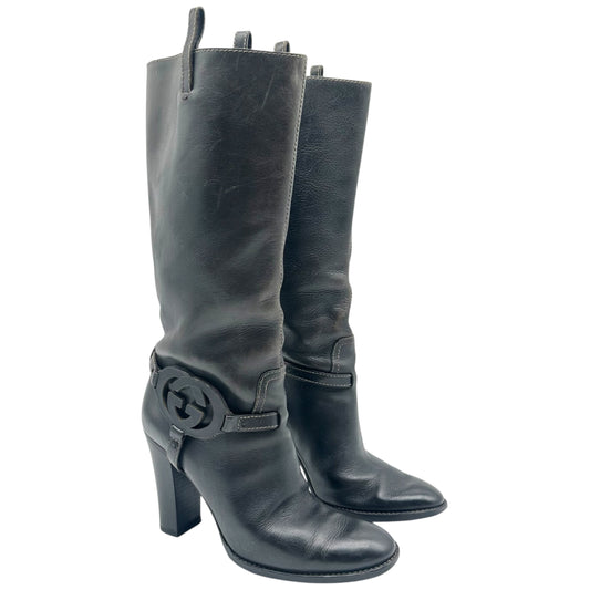 Gucci Black Leather Heeled Boots with GG Logo