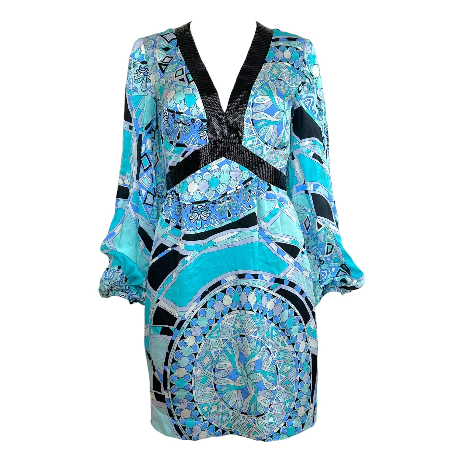 Emilio Pucci Silk Blue Black Printed Open-Back Mini Dress