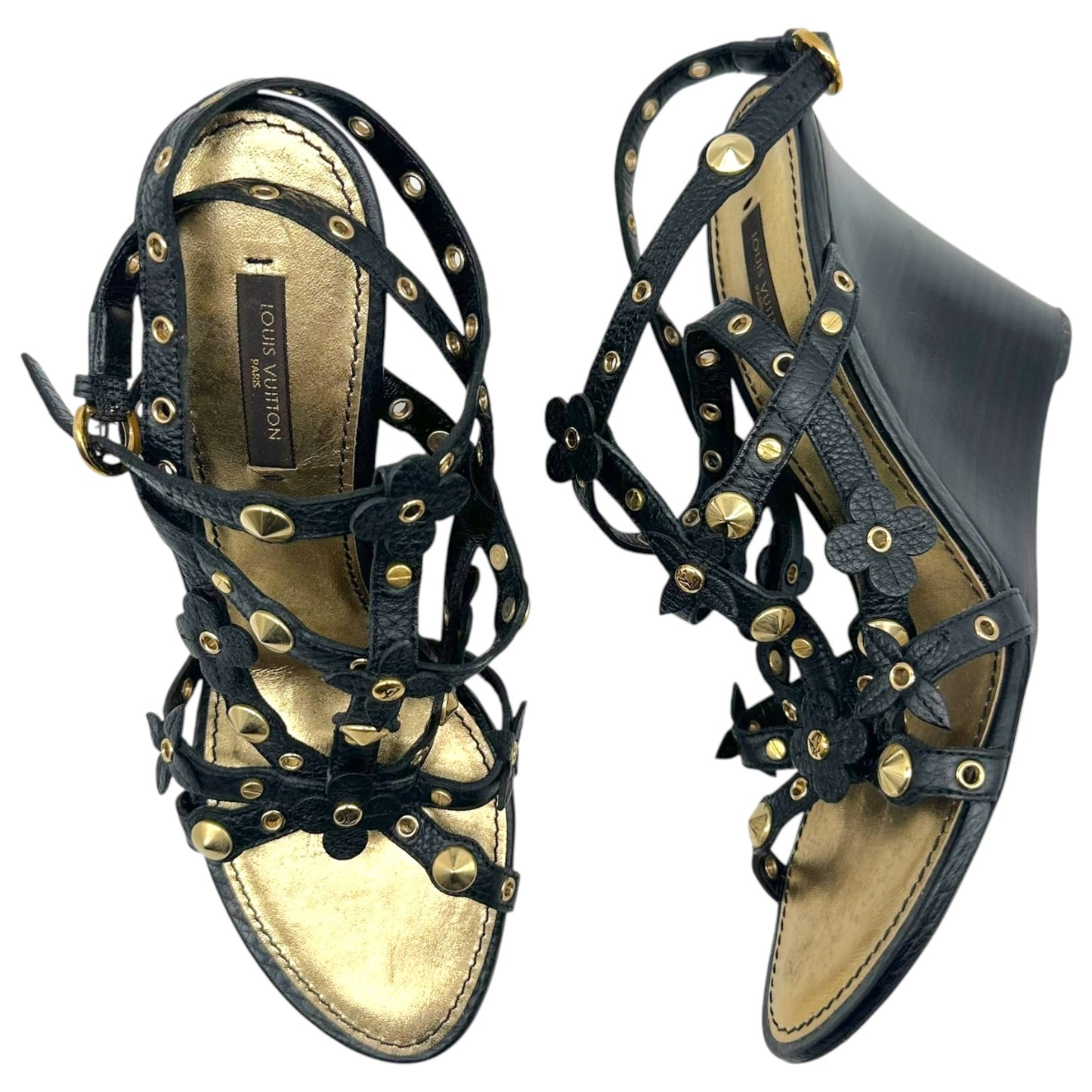 Louis Vuitton Black Leather & Gold Rivet Strappy Wooden Wedge Heeled Sandals