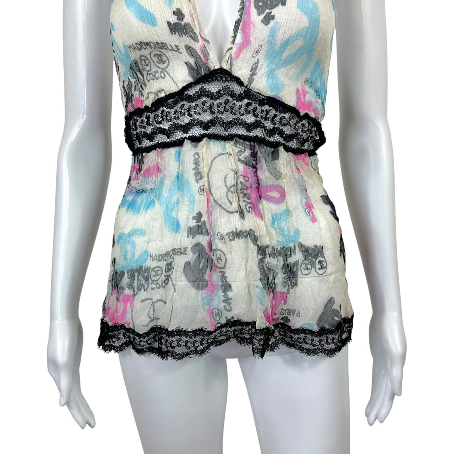 Chanel Cruise 2007 Sheer Silk Graffiti Print Silk & Lace Halter Top