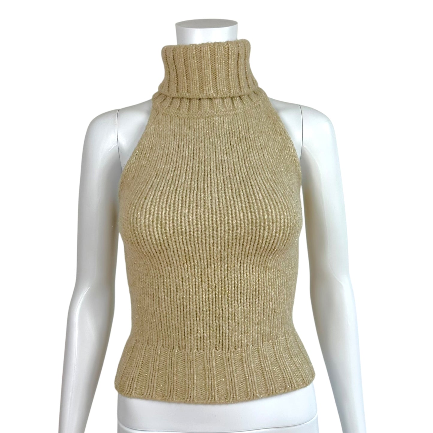 Dolce & Gabbana Oatmeal & Gold Knit Backless Sleeveless Turtleneck Top