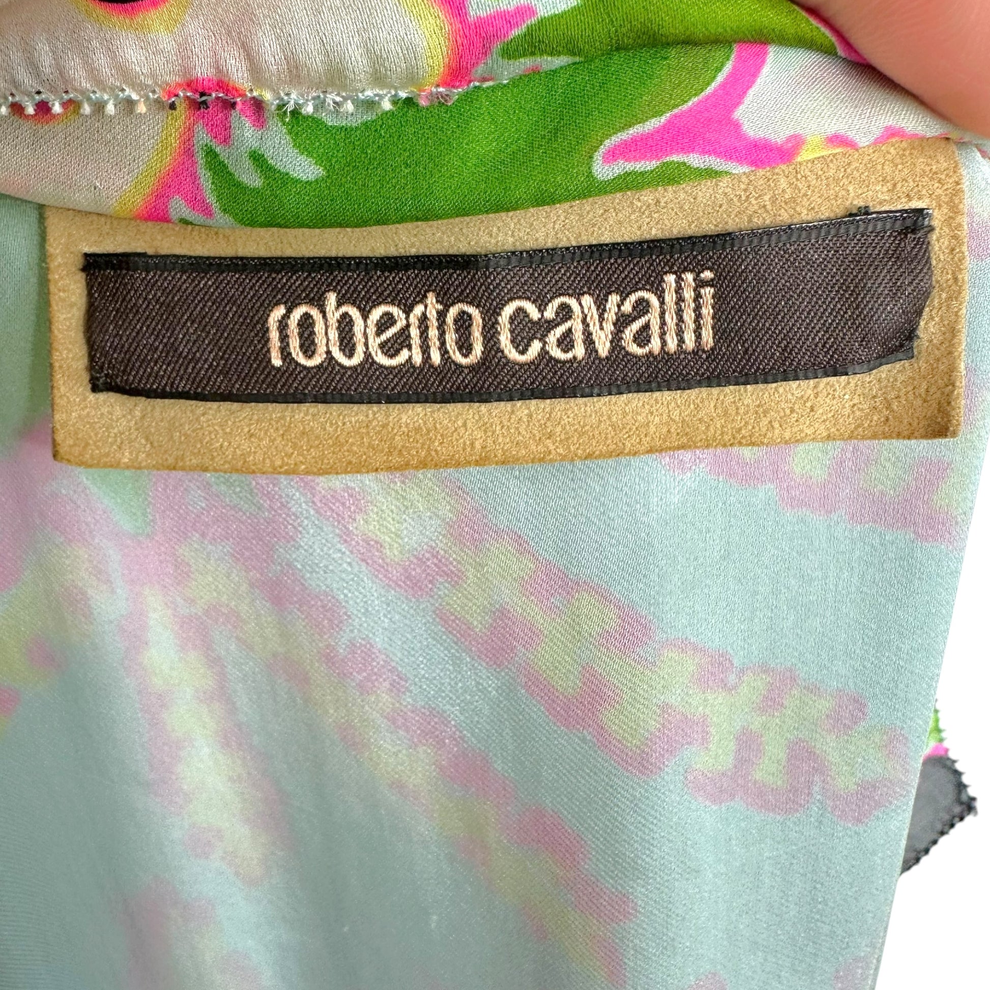 Roberto Cavalli Tan Suede Fringe Printed Silk Vest