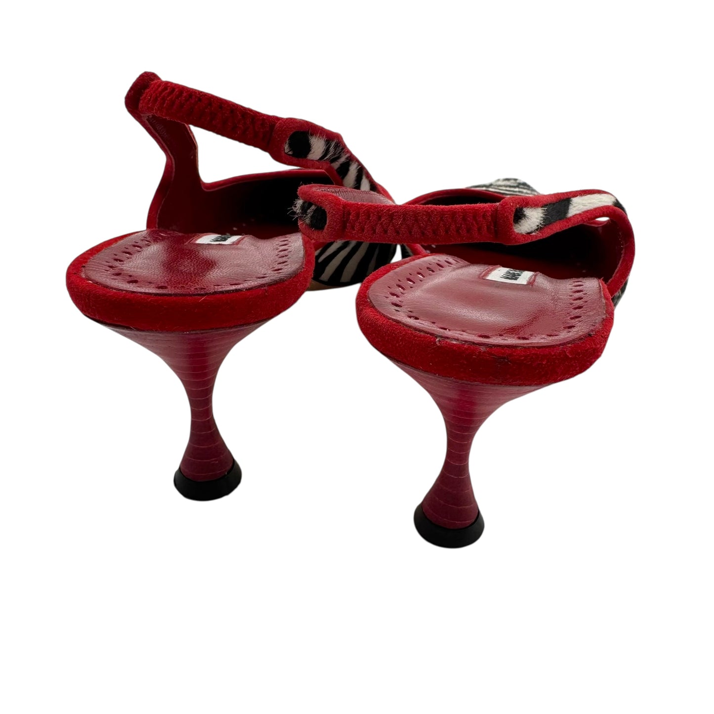 Manolo Blahnik Zebra & Red Leather Ponyhair Slingback Kitten Heels