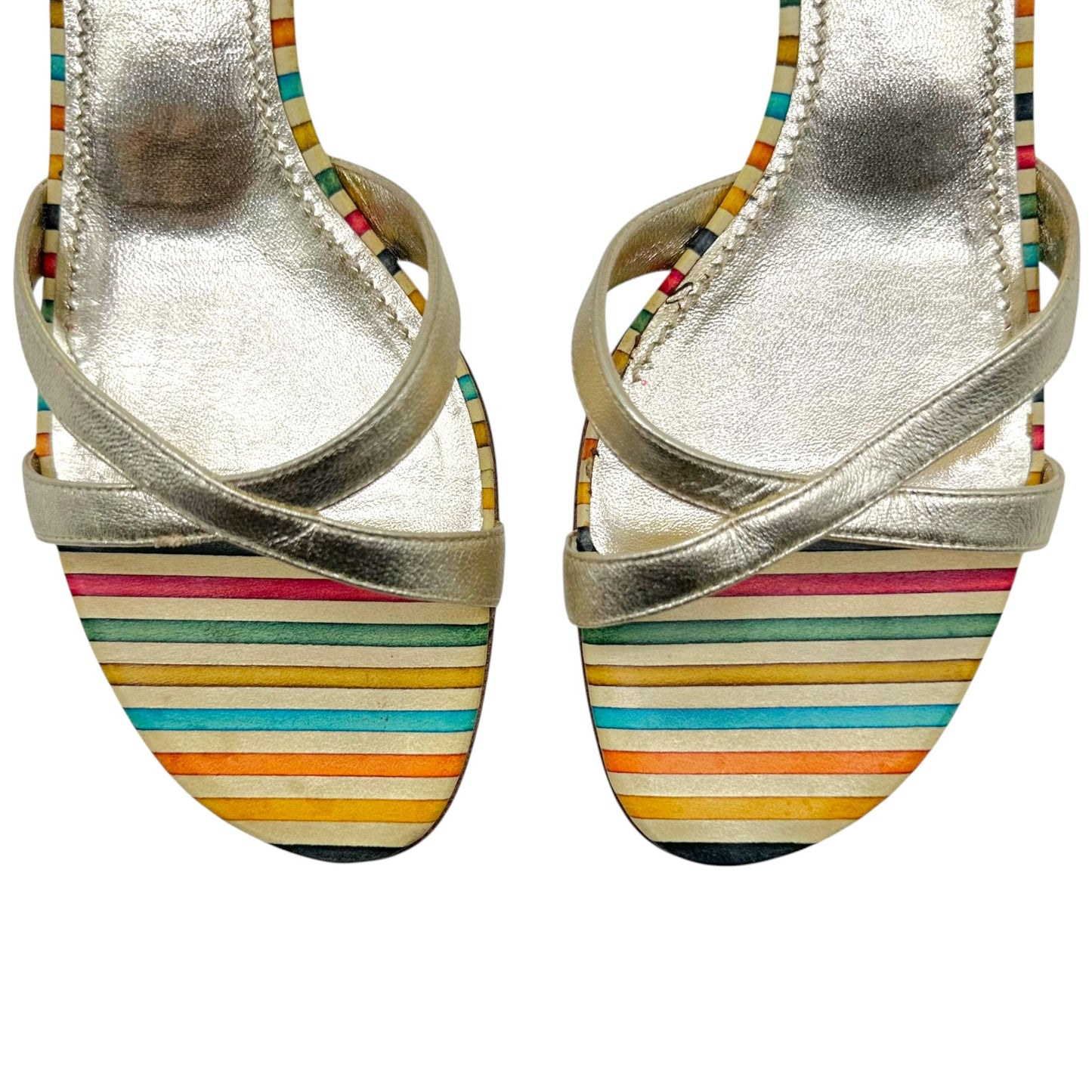 Casadei Metallic Gold Multicolor Striped Kitten Heel Mules