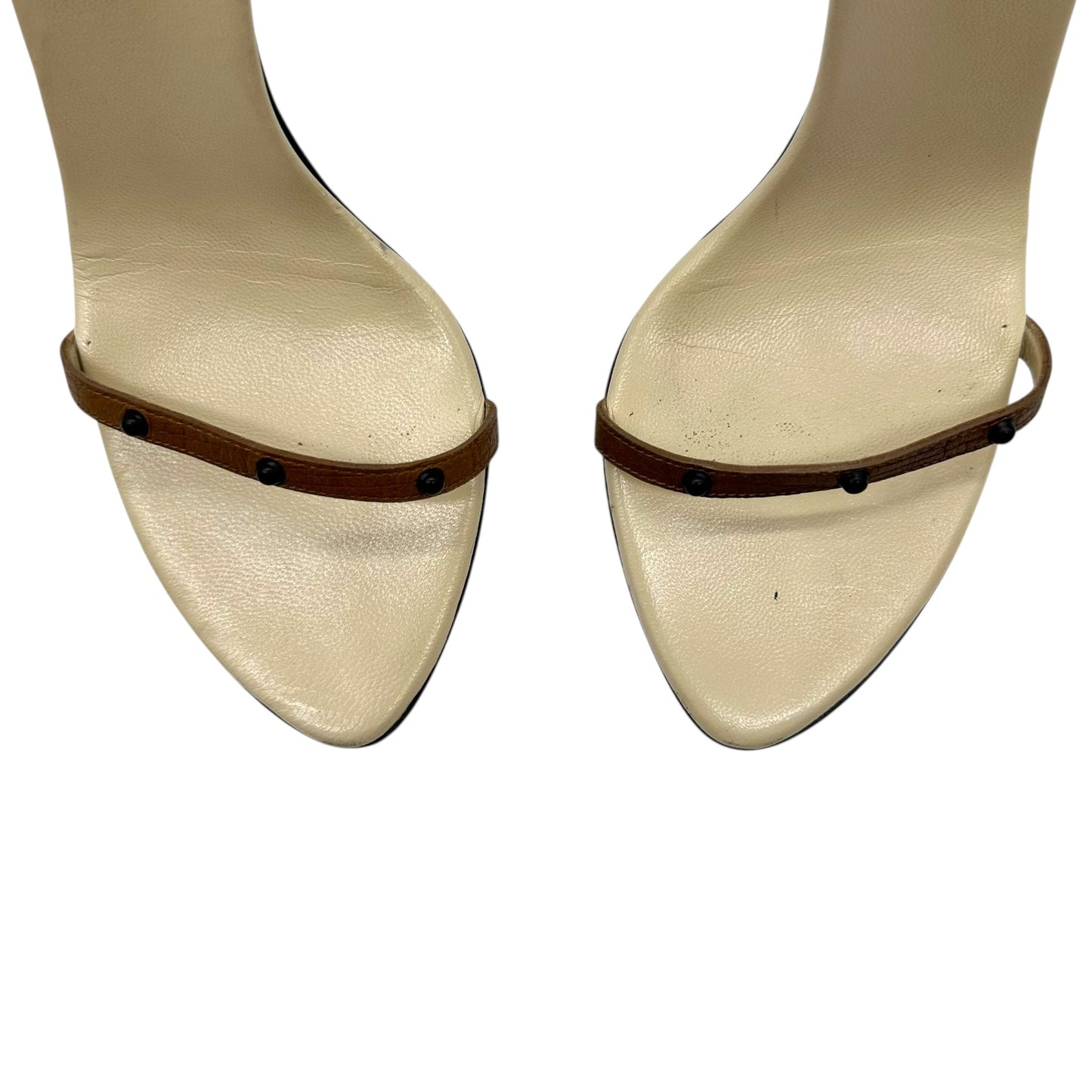 Gucci Tan Monogram and Ivory Leather Trim Studded Heels - Outfit Repeater