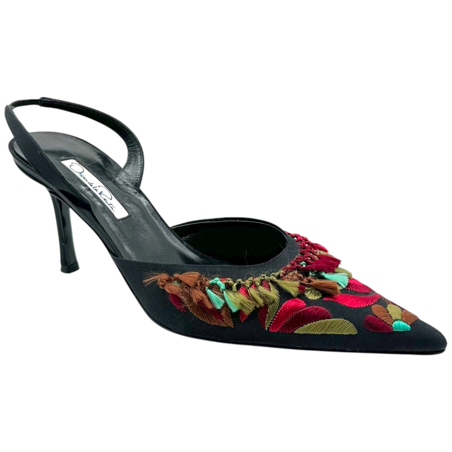 Oscar de la Renta Embroidered Floral & Tassle Slingback Heels