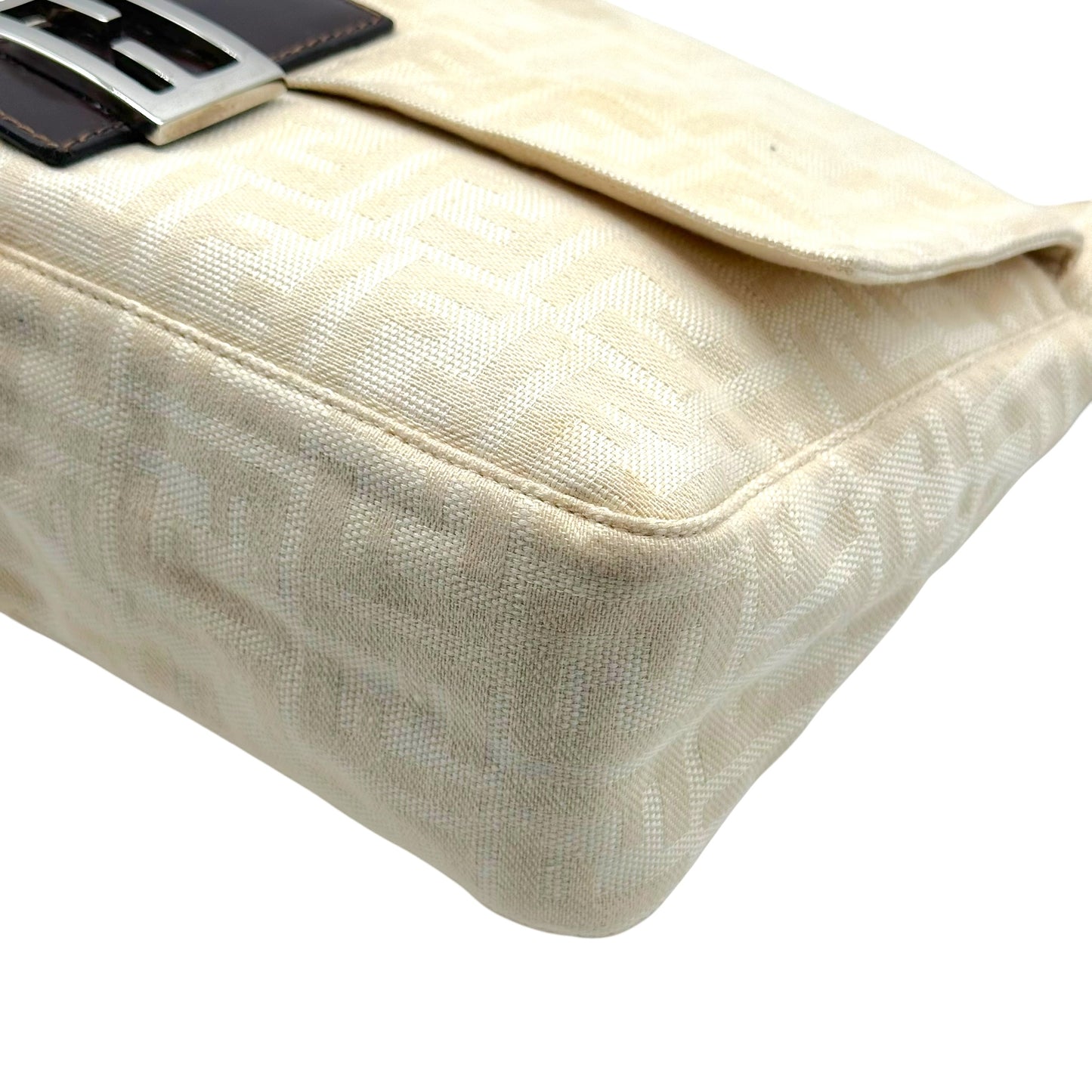 Fendi Ivory Zucca Monogram & Brown Leather XL Mama Front Pocket Baguette Bag