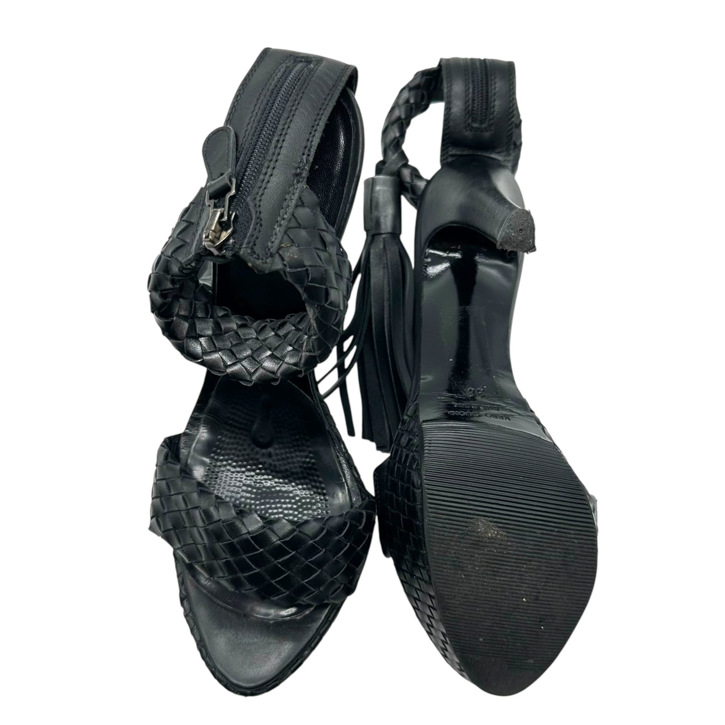 Just Cavalli Roberto Cavalli Black Woven Leather Fringe Platform Heels