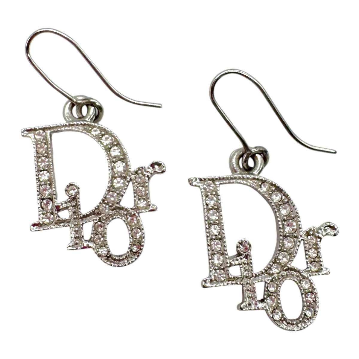 Christian Dior Silver Crystal Logo Dangly Earrings