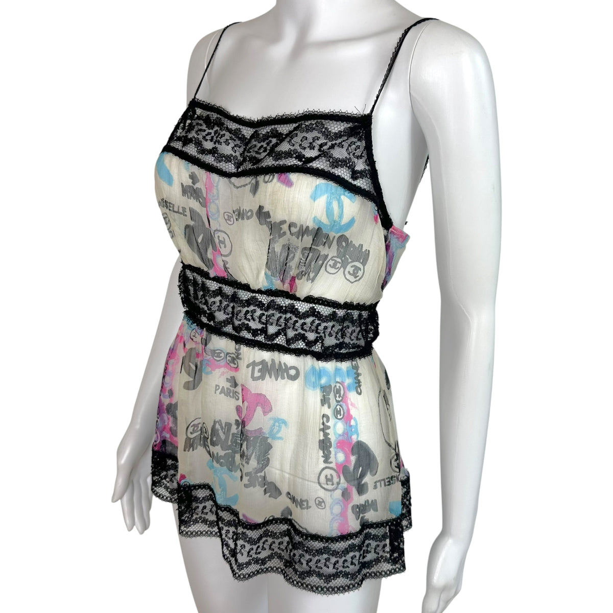 Chanel Cruise 2007 Sheer Silk & Lace Graffiti Logo Print Cami Blouse