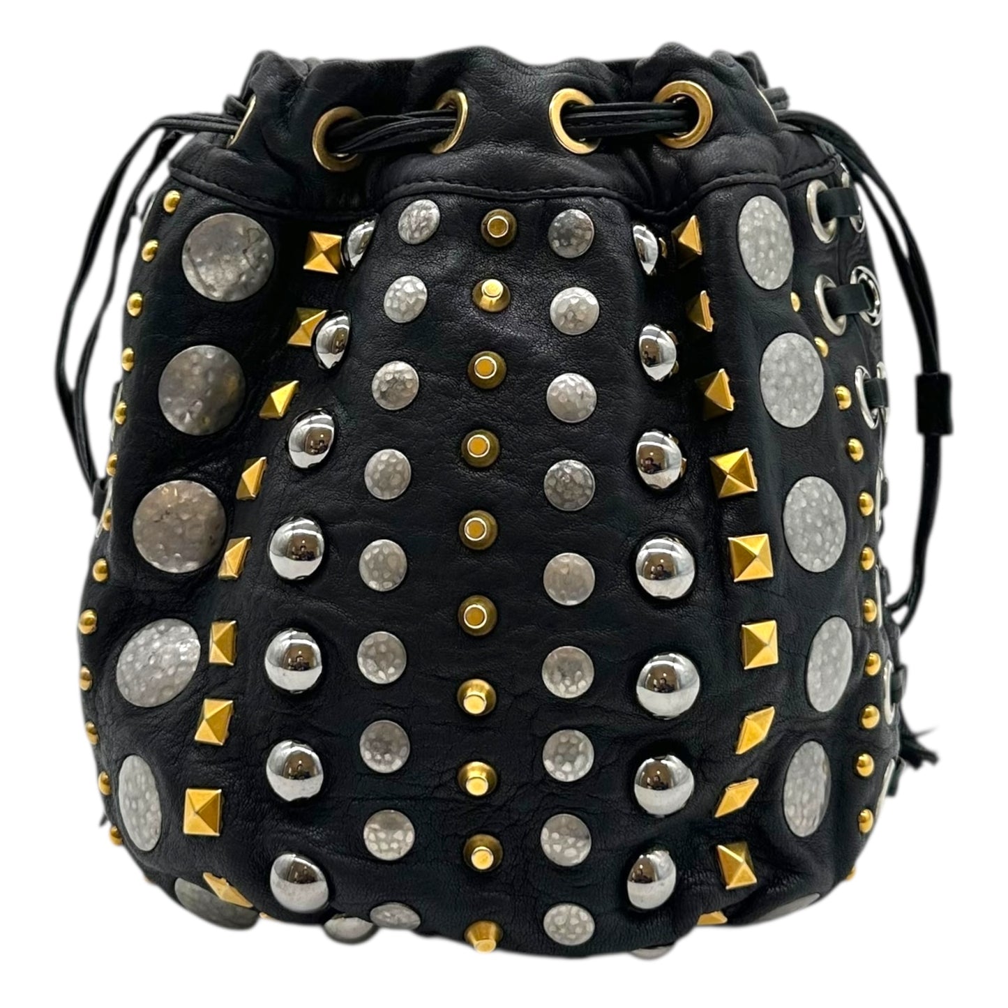 Miu Miu Silver & Gold Studded Mini Crossbody Bucket Bag - Outfit Repeater