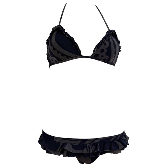 Louis Vuitton Black Gray Printed Ruffle Trim Bikini Set