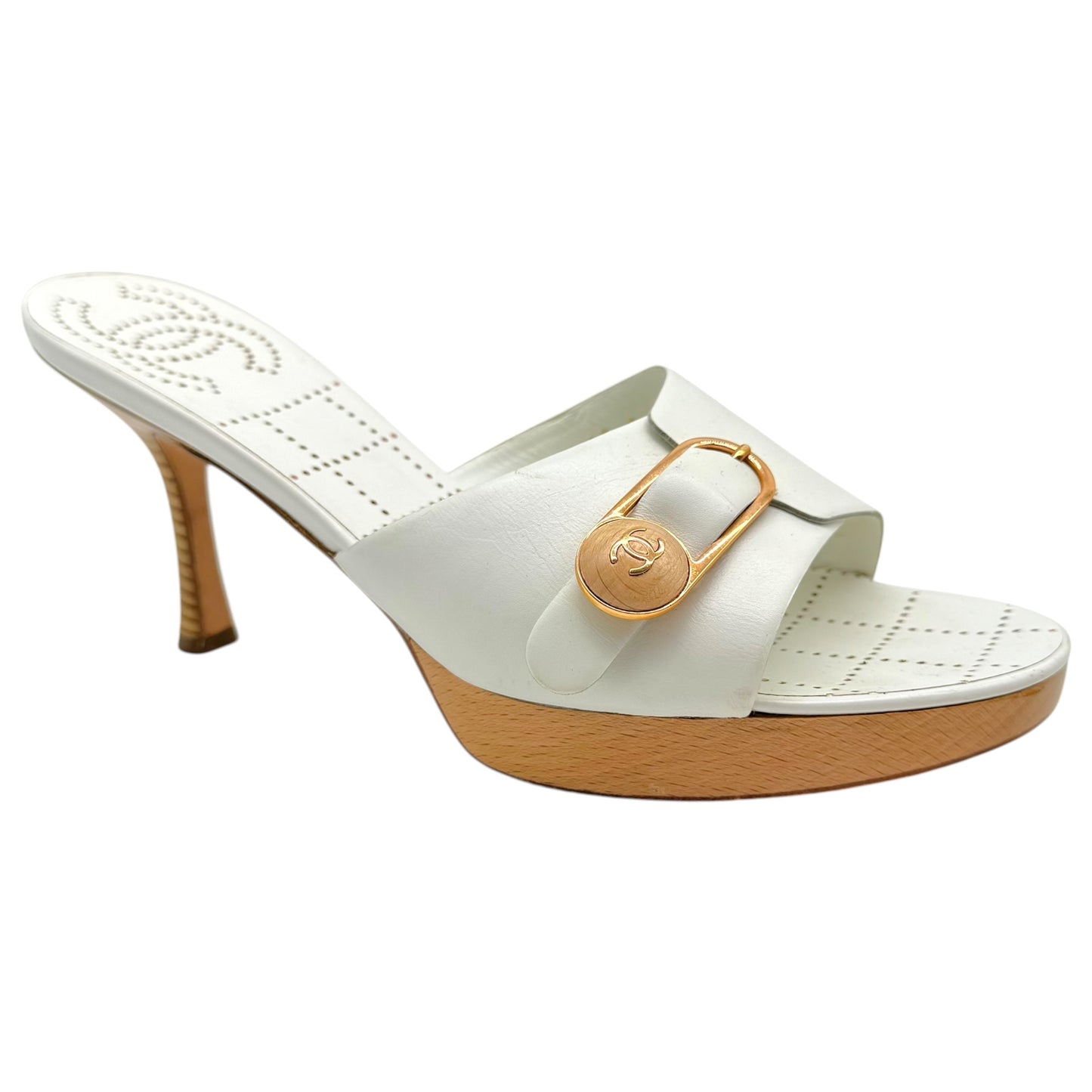 Chanel White Leather Platform Mule Heels with Safety Pin
