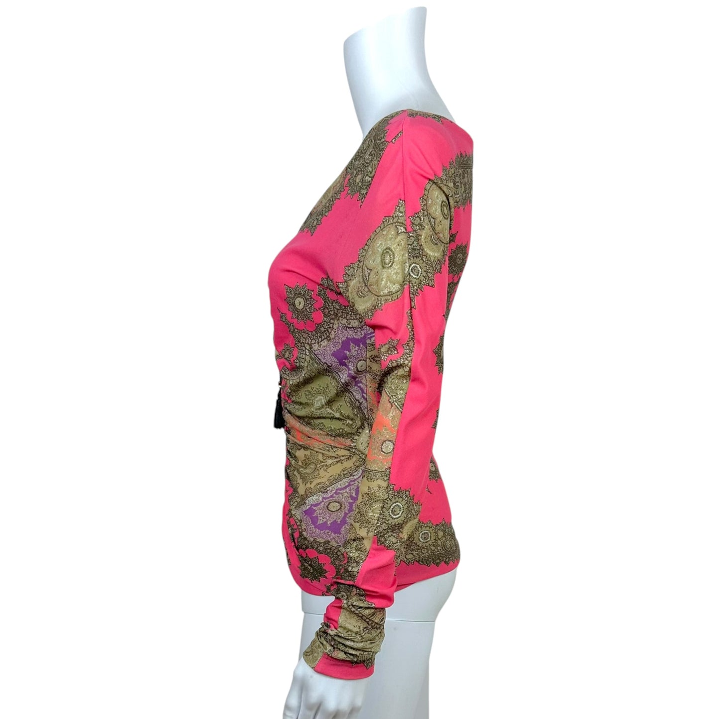 Roberto Cavalli 2004 Pink Paisley Print Silk & Leather Lace-Up Top