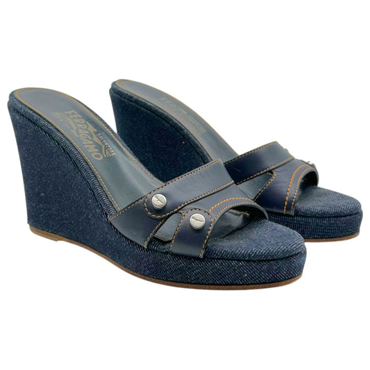 Salvatore Ferragamo Denim Mule Wedge Sandals