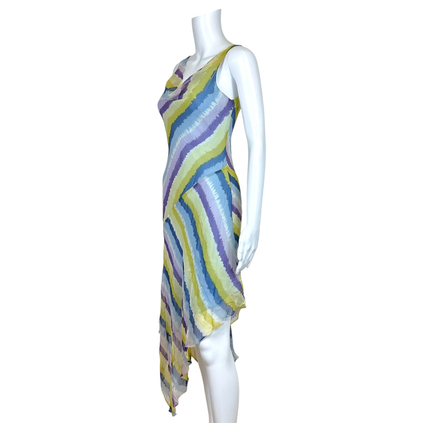 BCBGMaxAzria Blue Green & Purple Striped Bias Cut Silk Maxi Dress