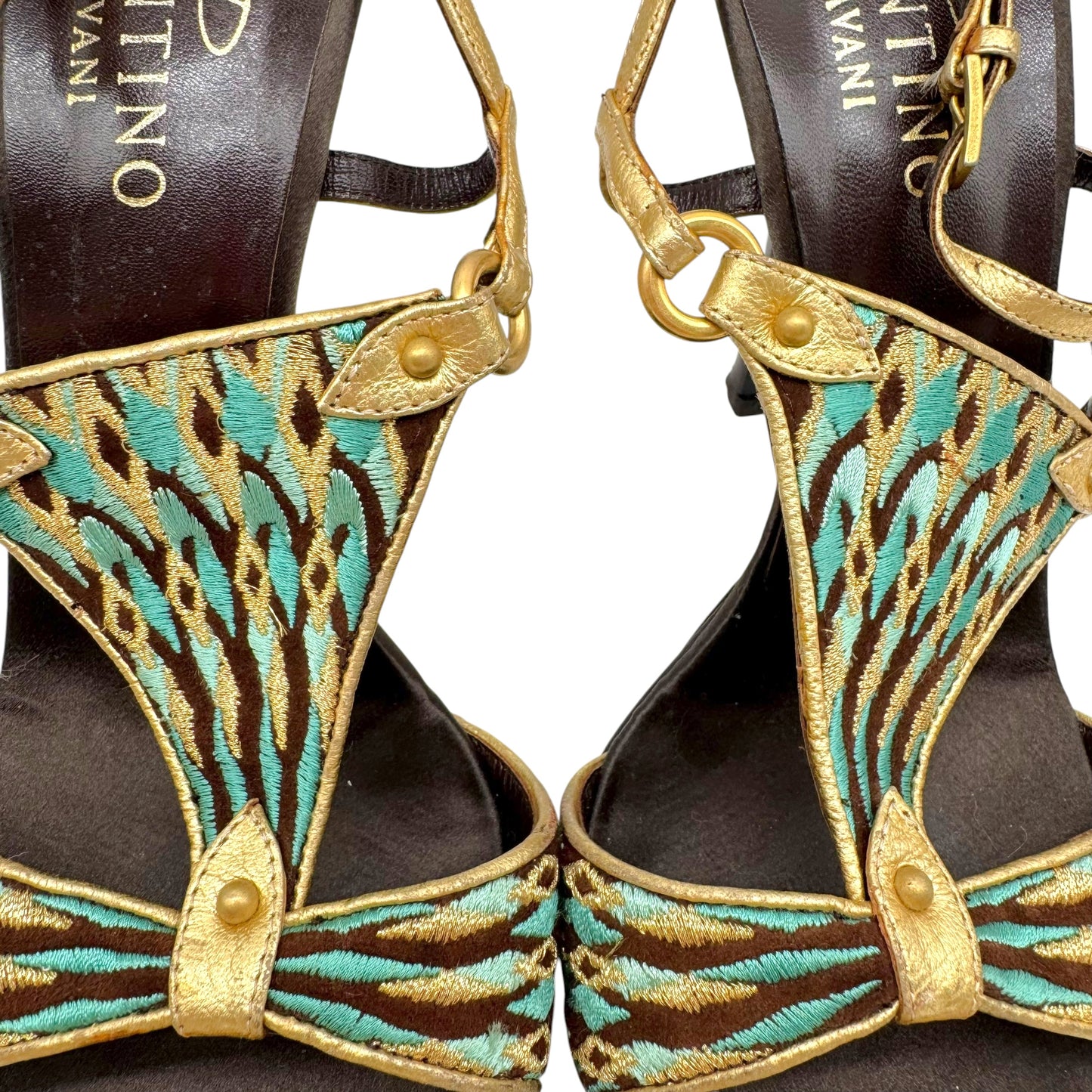 Valentino Garvani Turquoise Gold Embroidered Sandal Heels