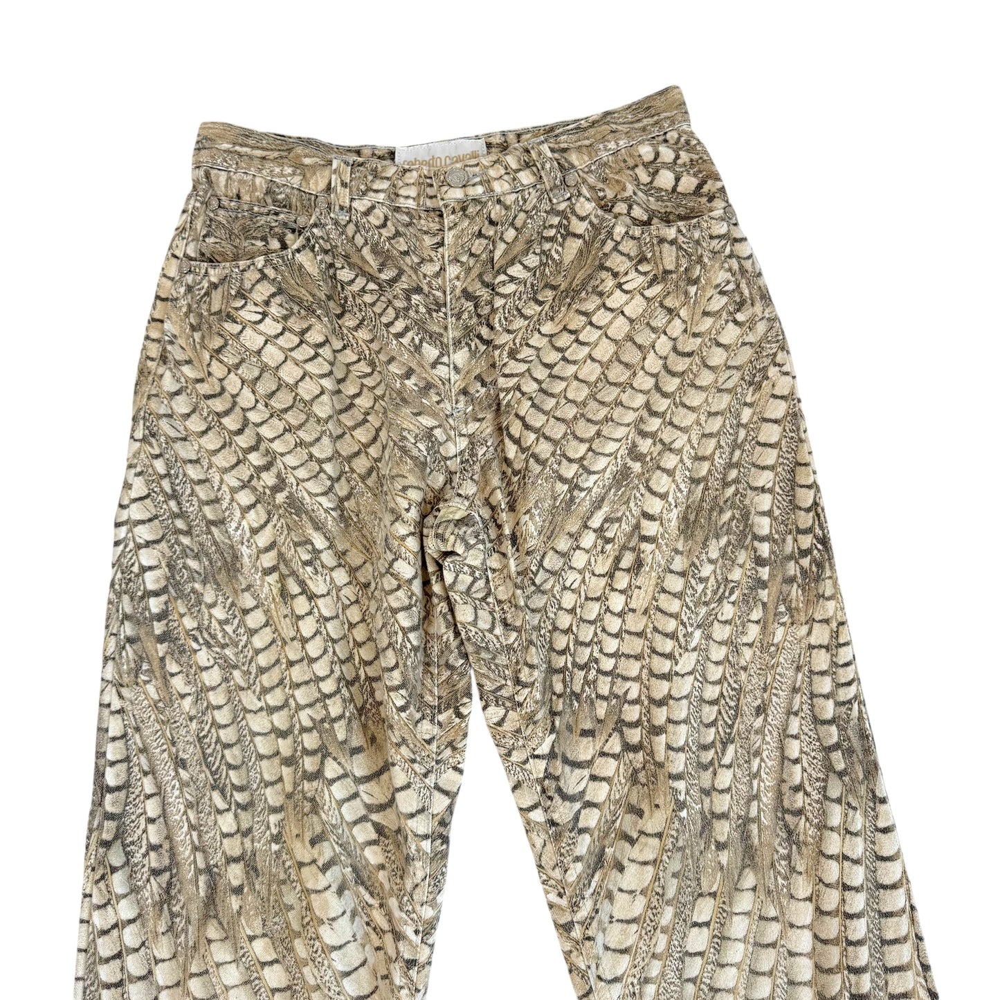 Roberto Cavalli Ivory Feather Printed Jeans