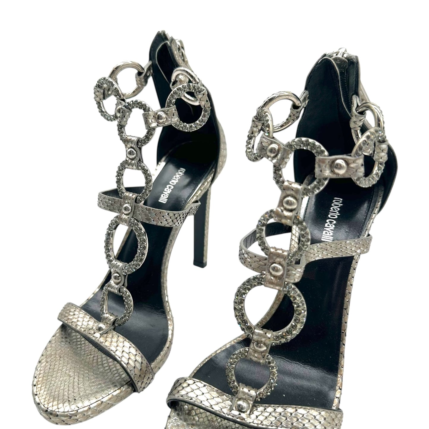 Roberto Cavalli Silver Python & Crystal Sandal Heels - Outfit Repeater