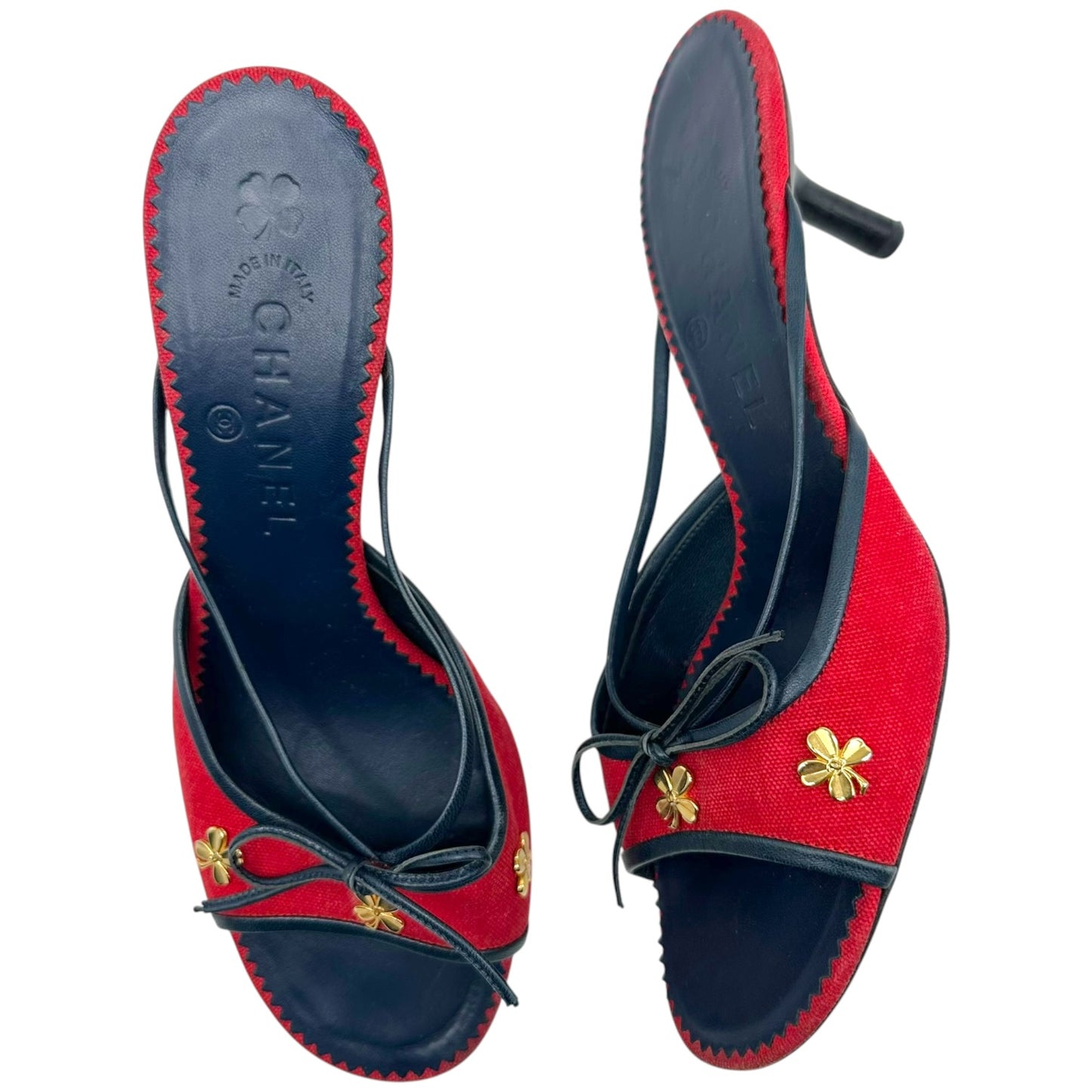 Chanel Red & Navy Kitten Heel Mules w/  Gold Clover Charms