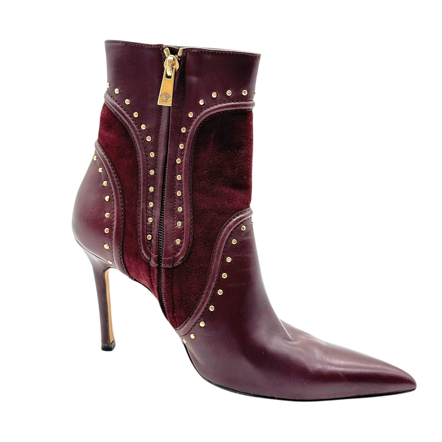 Versace Burgundy Studded Pointed Toe Heeled Boots