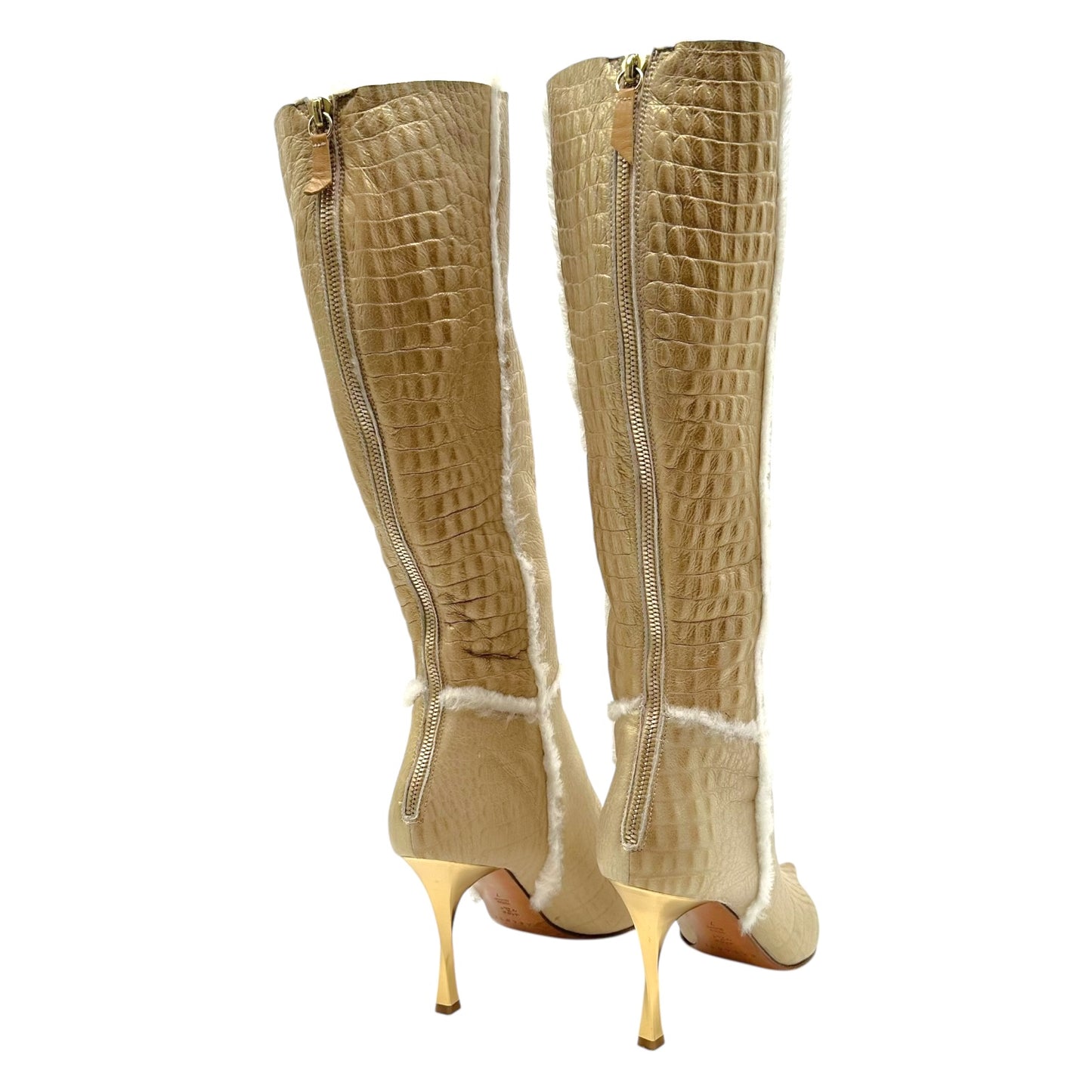 Casadei Gold Croc Embossed Shearling Pointed Toe Boots