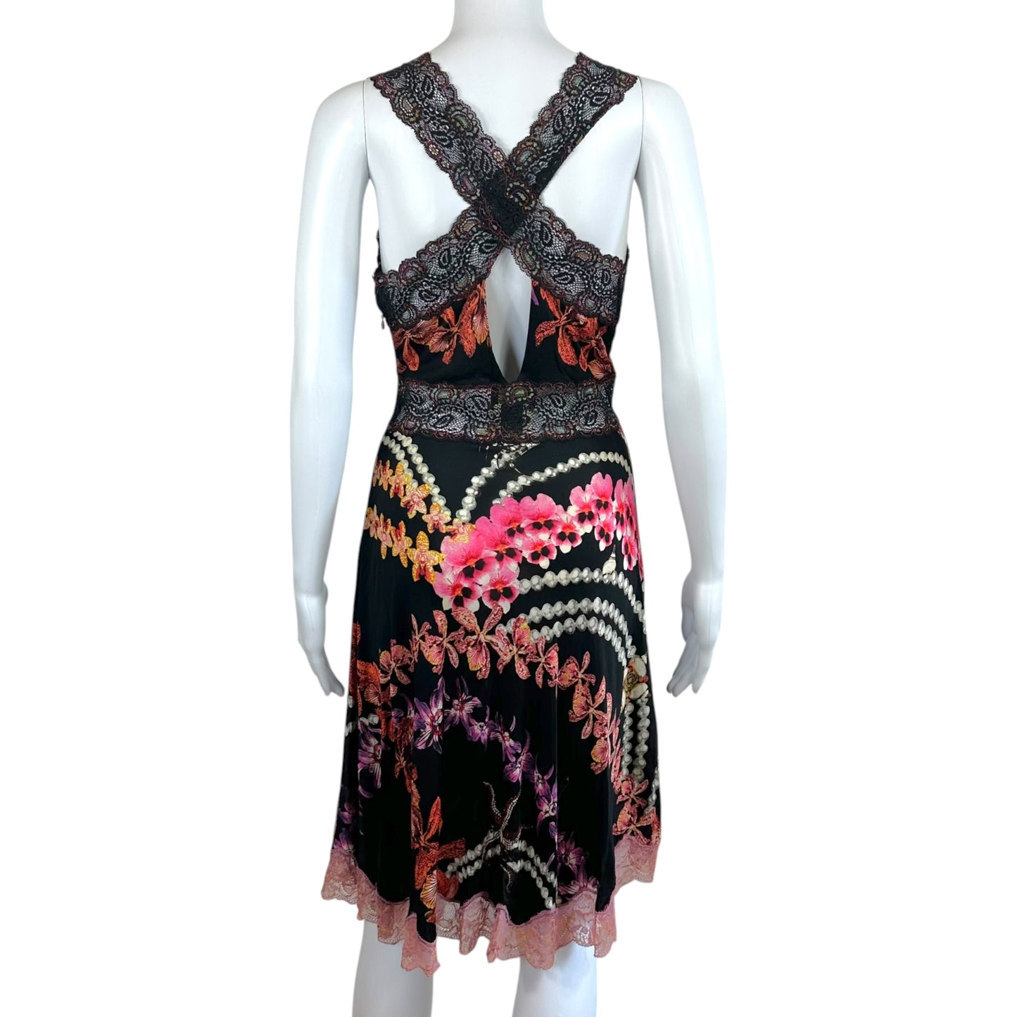 Just Cavalli Roberto Cavalli Floral & Pearl Print Lace Trim Midi Dress