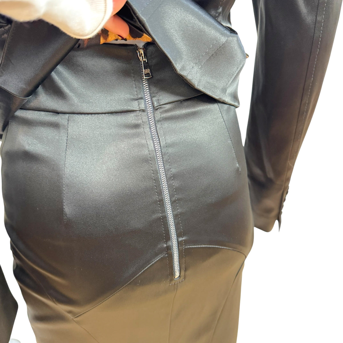 Dolce & Gabbana Black Satin Cropped Blazer Midi Skirt Suit