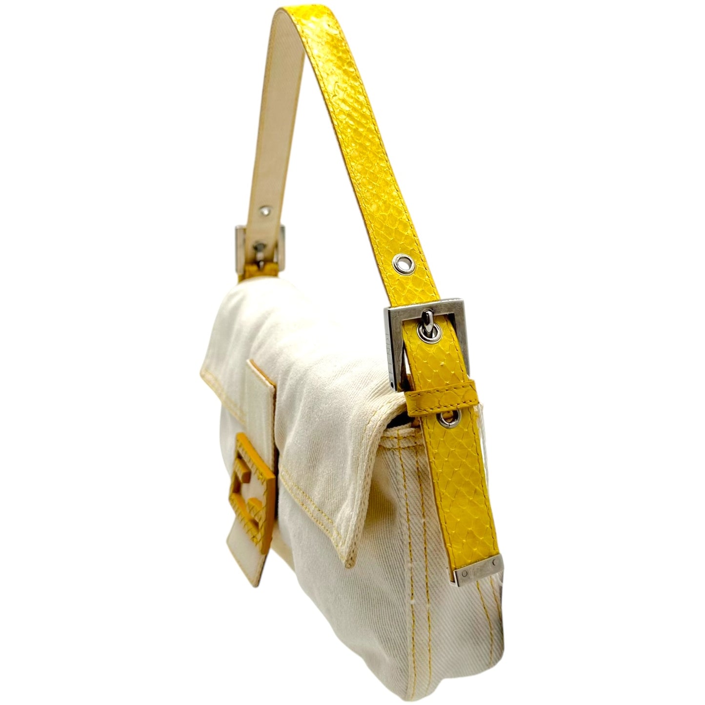 Fendi Baguette Bag White Denim Yellow Python Trim