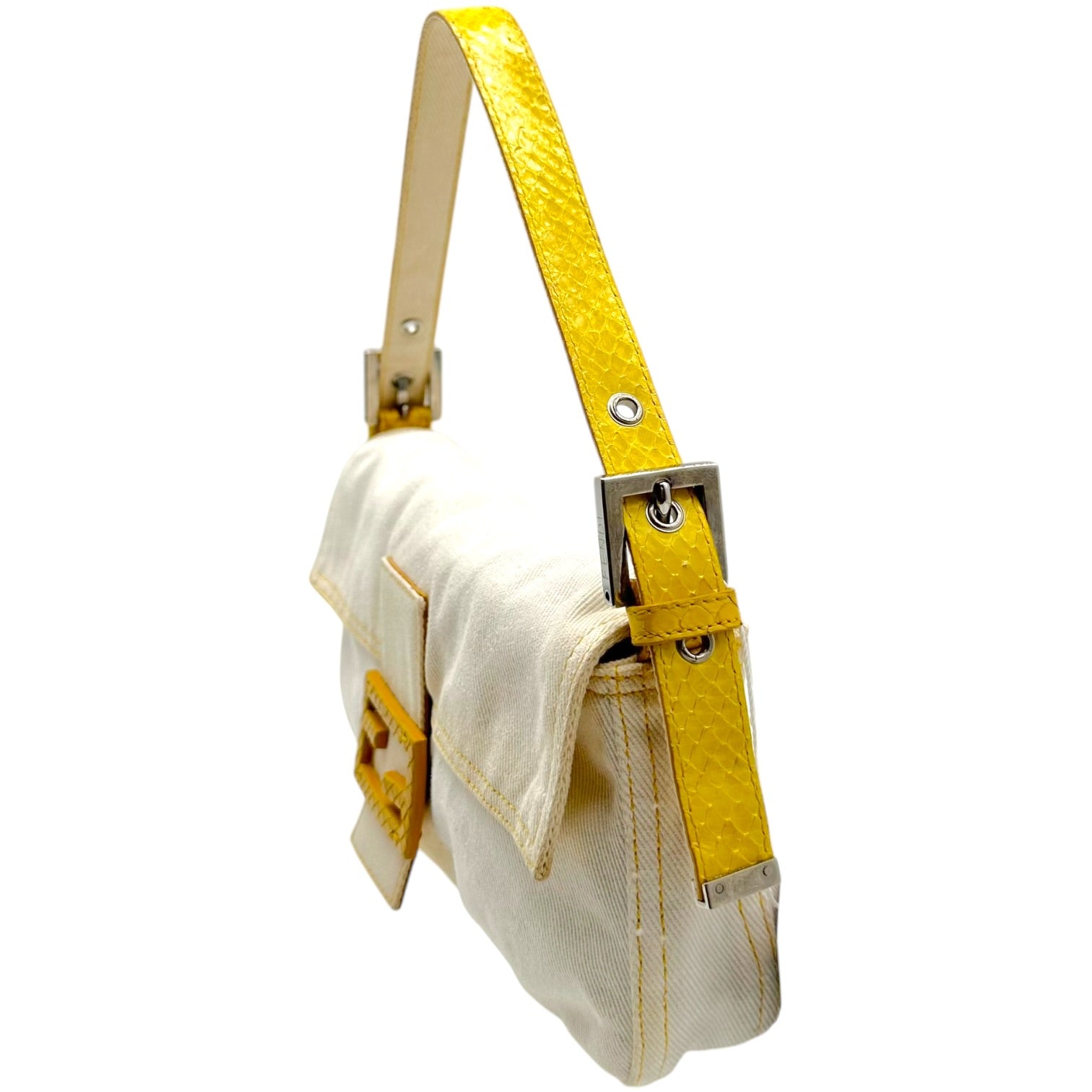 Fendi Baguette Bag White Denim Yellow Python Trim