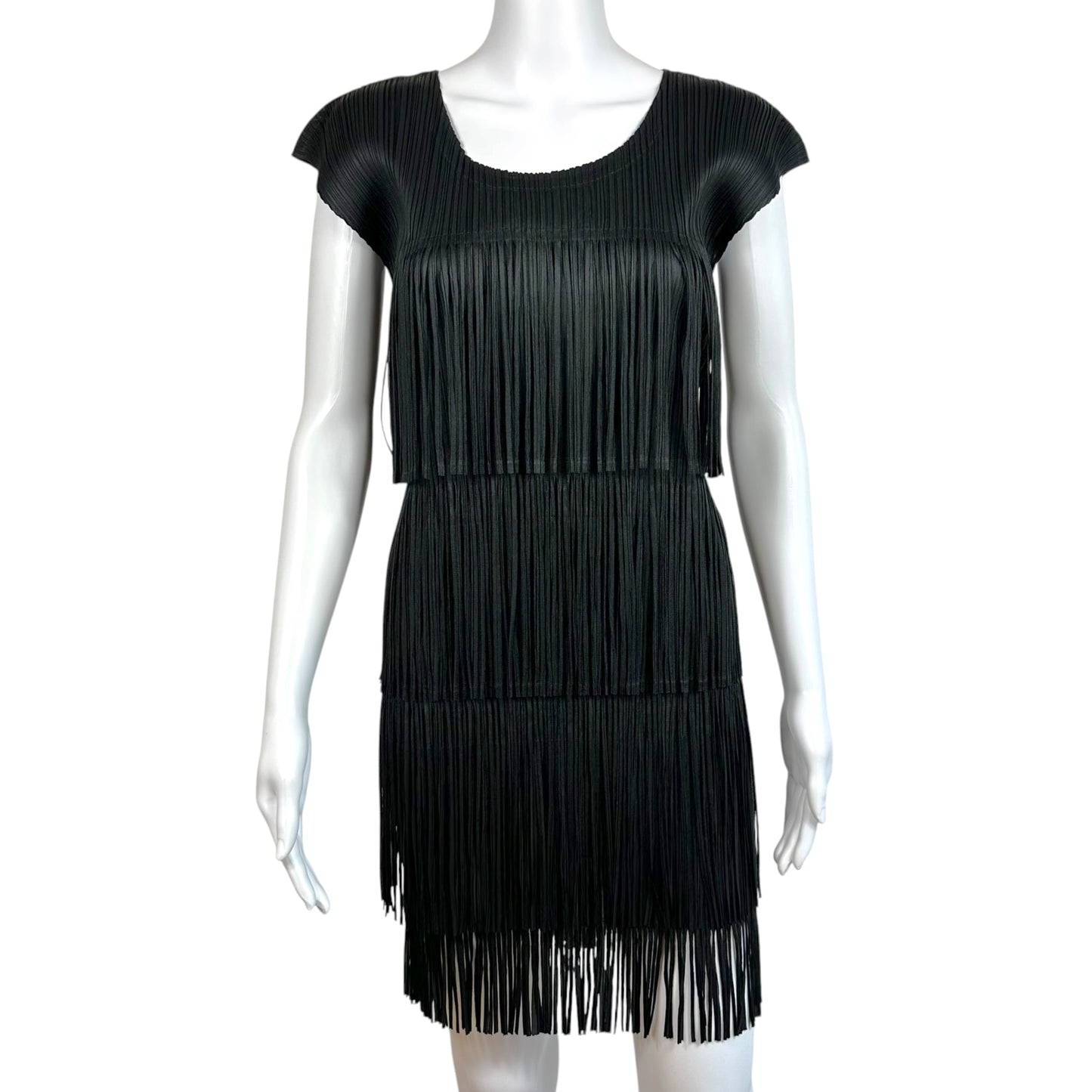 Issey Miyake Pleats Please Black Fringe Trim Pleated Mini Dress