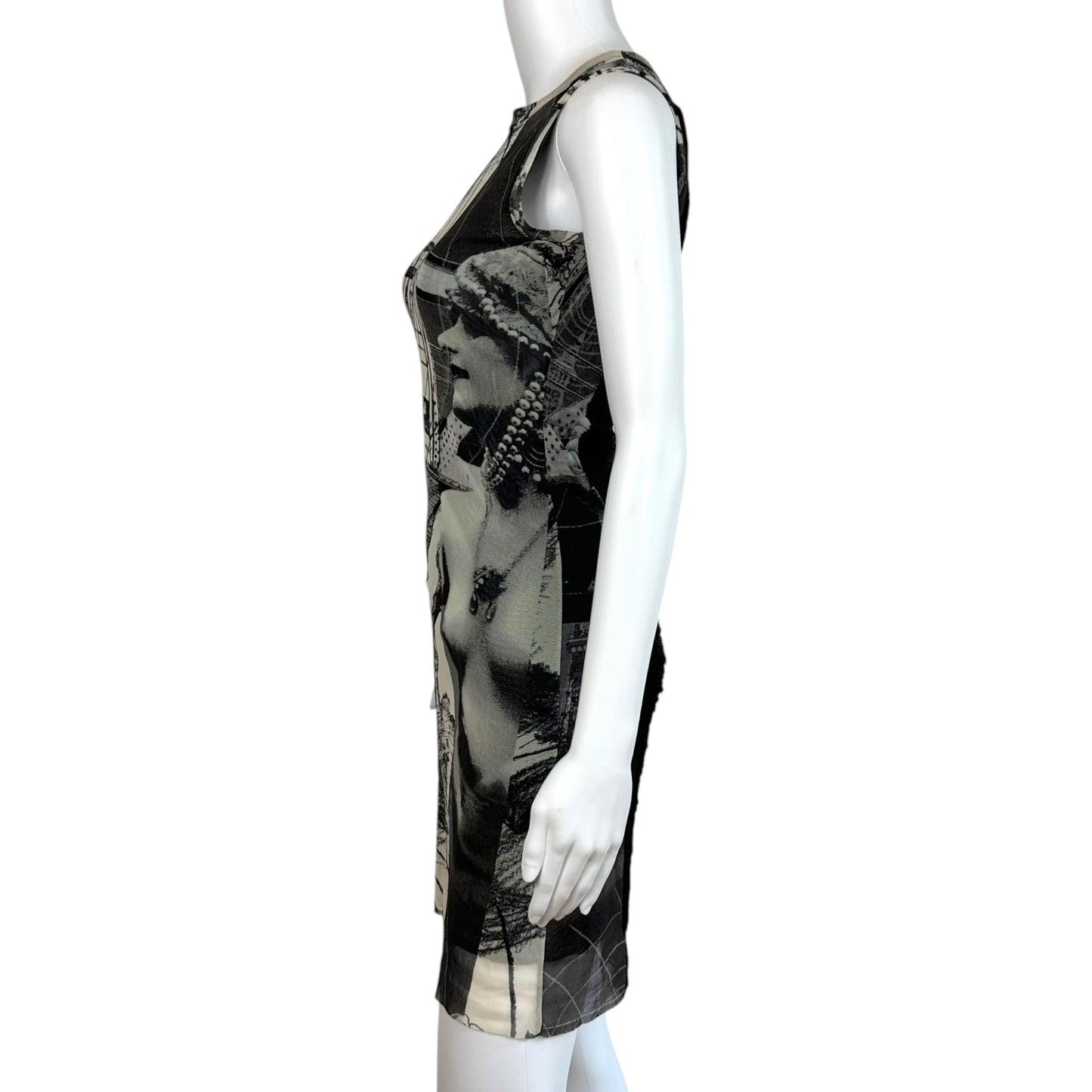 Jean Paul Gaultier Black & White Statue Print Fringe-Back Mesh Midi Dress
