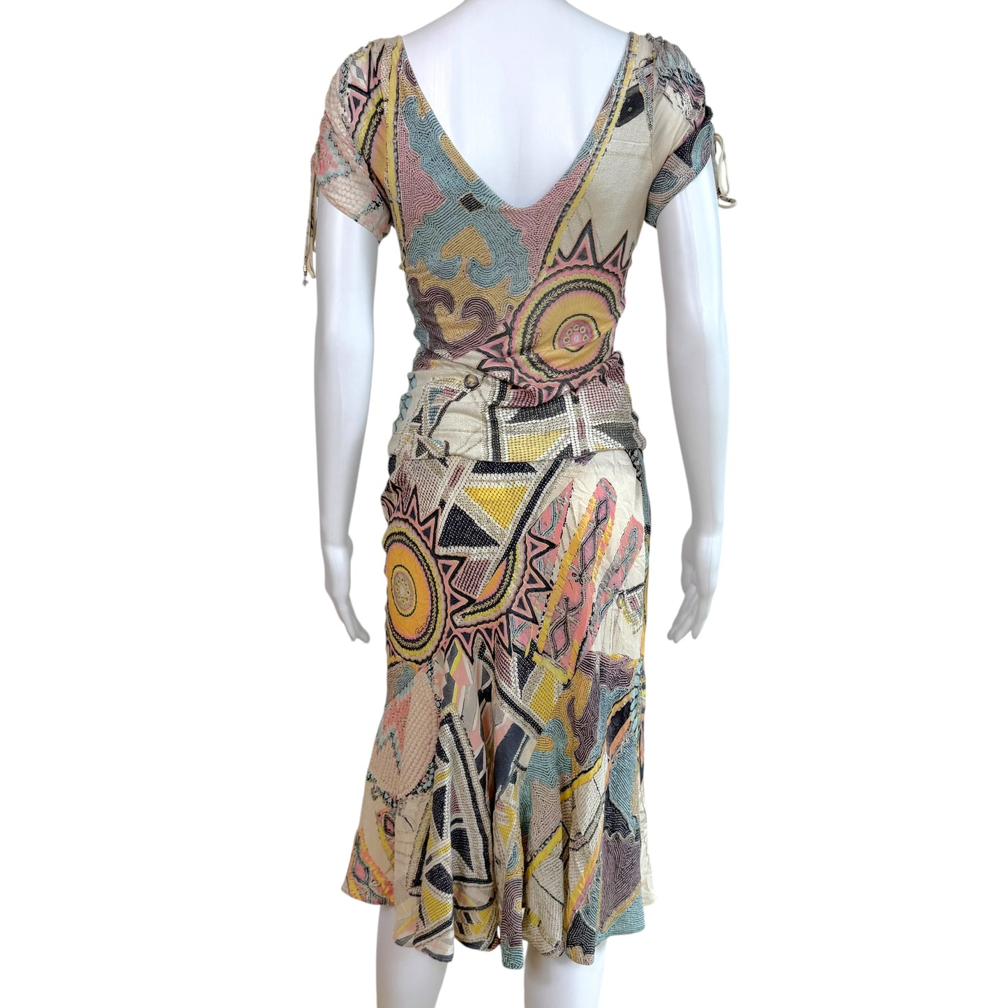 Roberto Cavalli S/S 2003 Metallic & Pastel Printed Silk Blouse & Midi Skirt Set