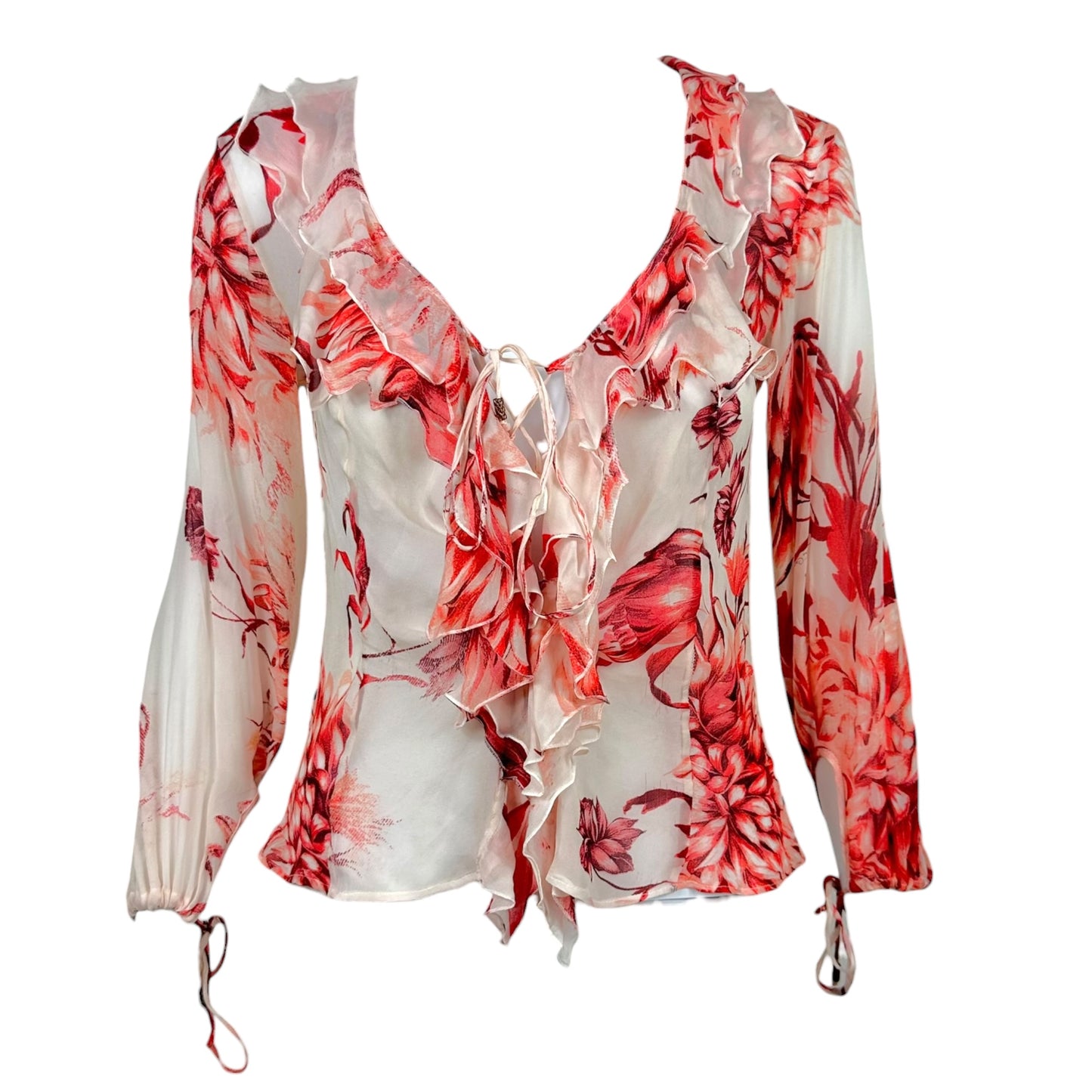 Roberto Cavalli 2002 Pink & White Floral Sheer Silk Ruffle Trim Blouse