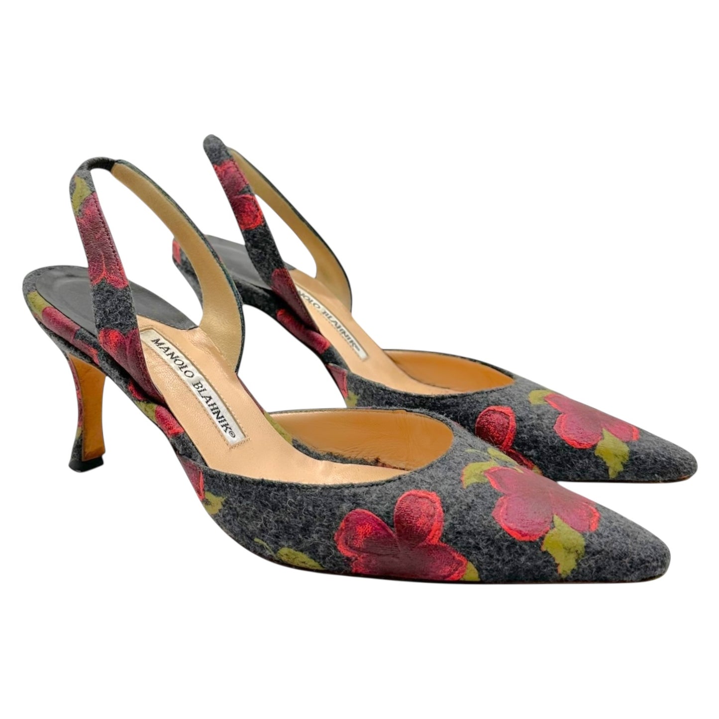 Manolo Blahnik Rose Hand Painted Slingback Heels
