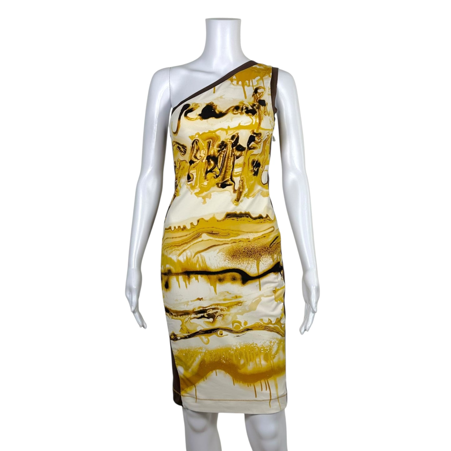 Jean Paul Gaultier Soleil One Shoulder Drip Print Silk Midi Dress