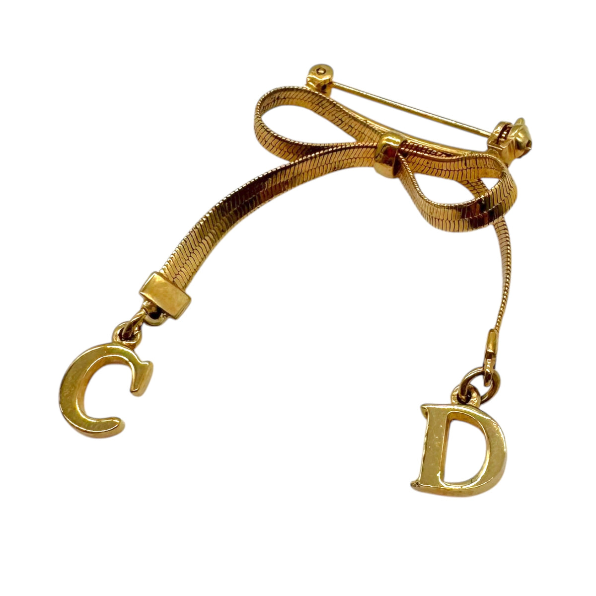 Christian Dior Gold Bow Brooch with CD Logo Charms