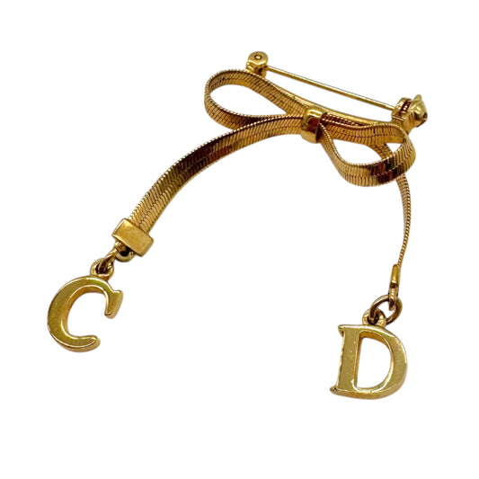 Christian Dior Gold Bow Brooch with CD Logo Charms