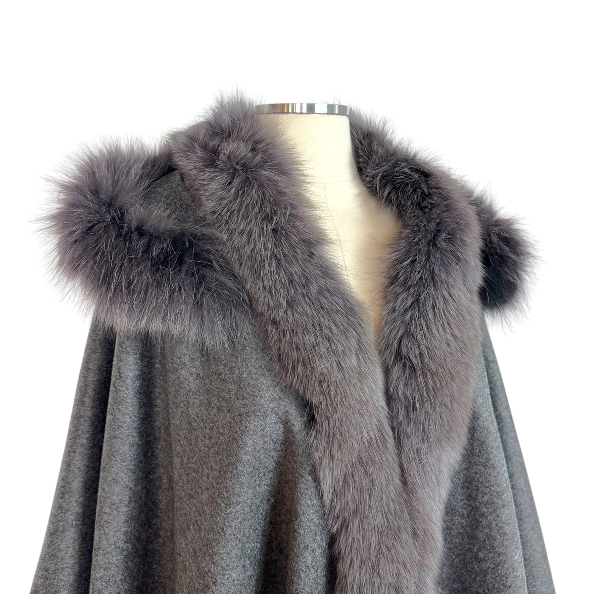 Balmain Gray Wool Fox Fur Cape