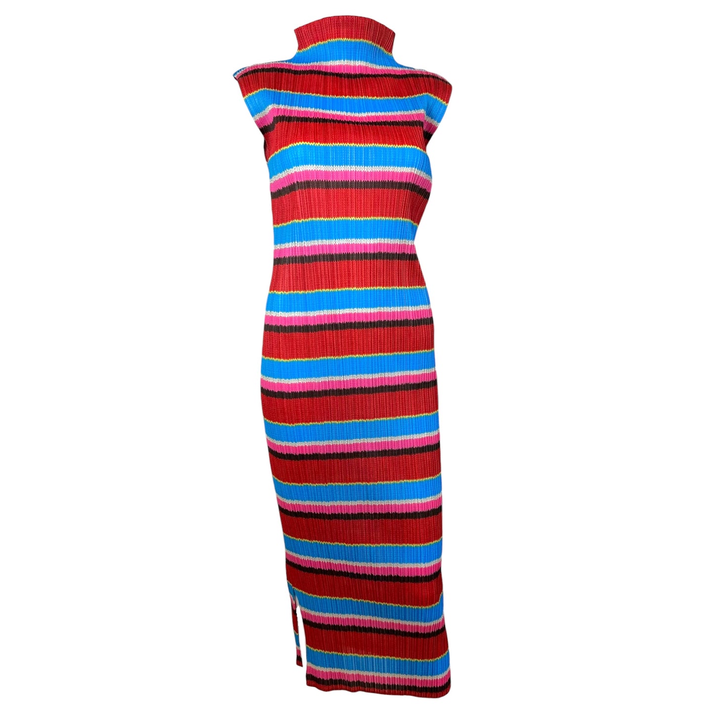Issey Miyake Pleats Please Striped Sleeveless Mock Neck Maxi Dress