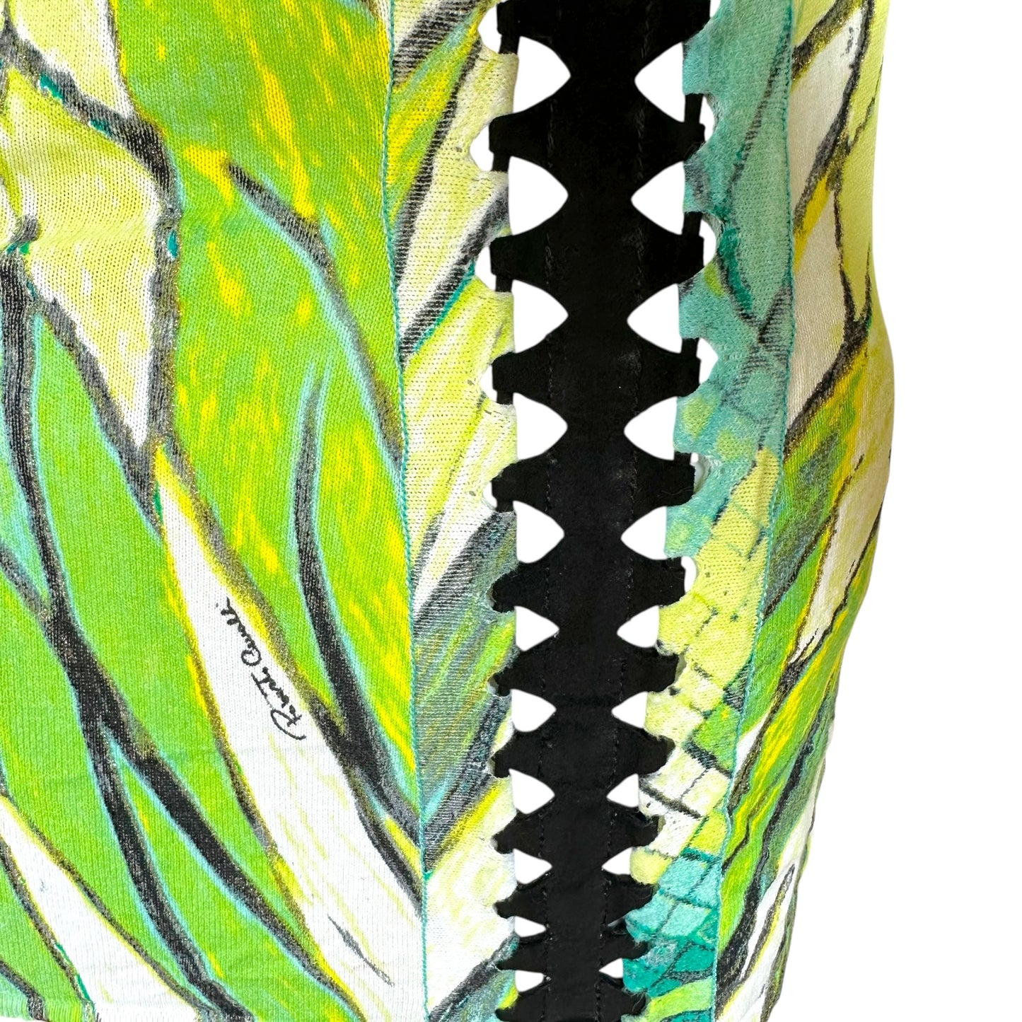 Roberto Cavalli S/S 2004 Green Lace Up Off Shoulder Feather Print Top