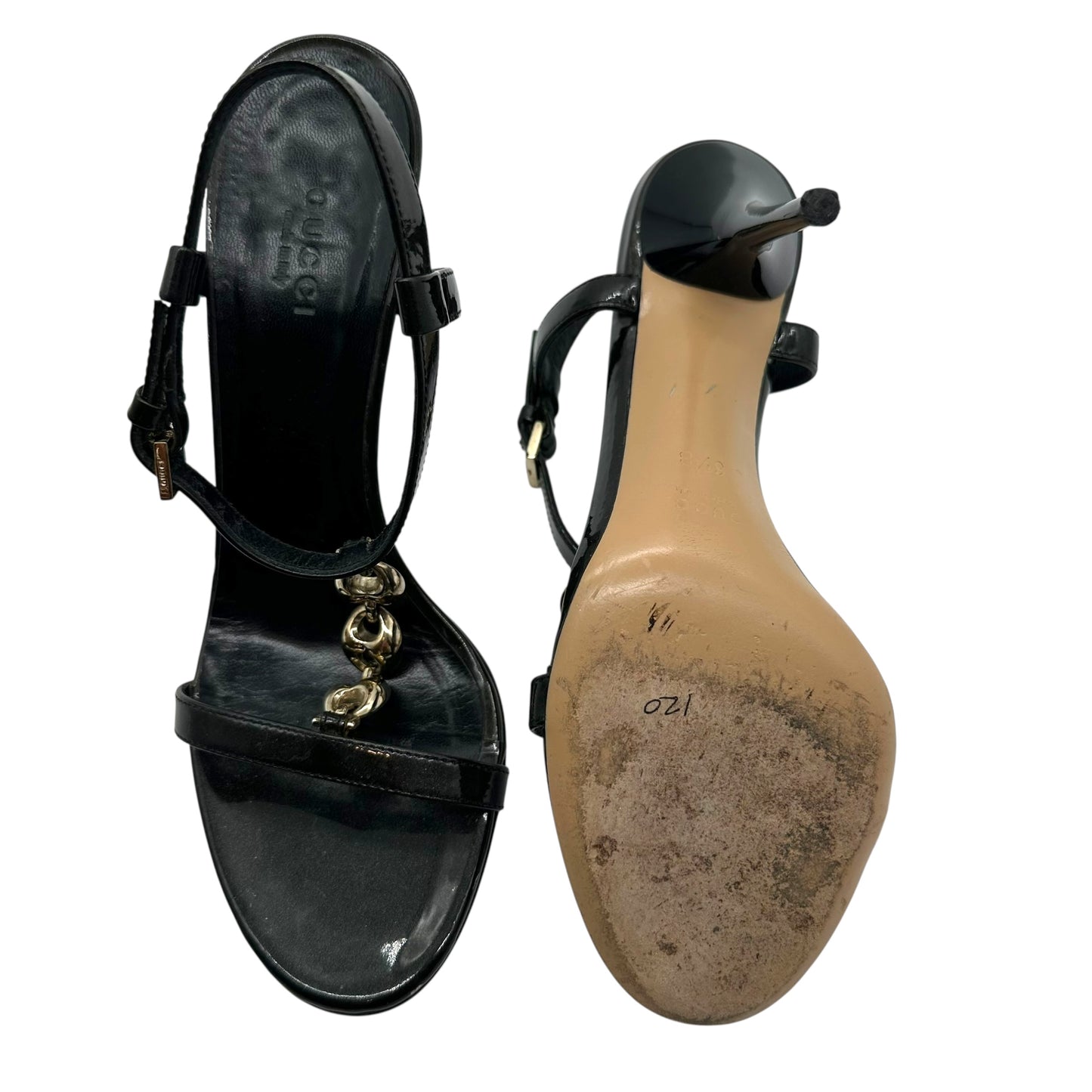Gucci Black Patent Leather Gold Chain Link Heeled Sandals