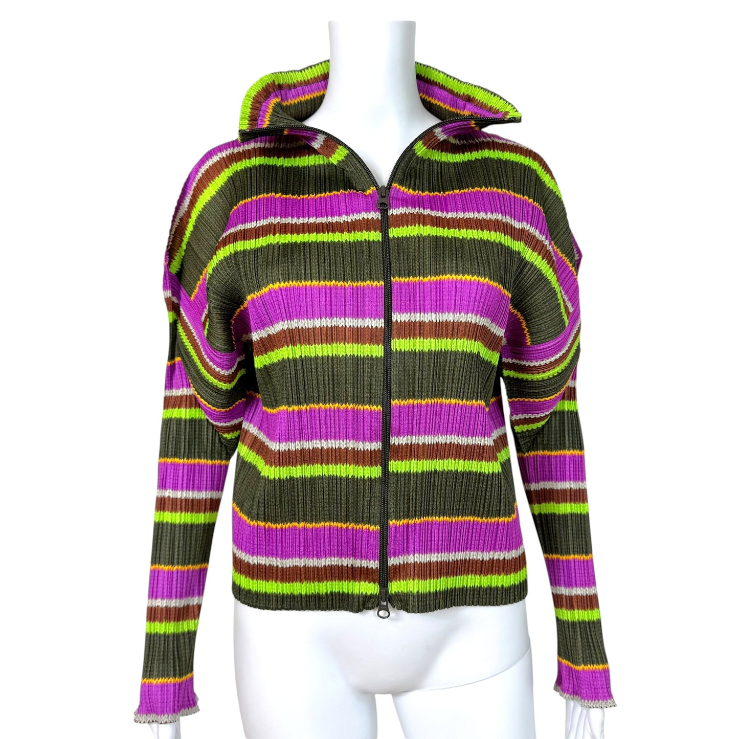Issey Miyake Pleats Please Khaki Green & Purple Multi Striped Zip-Up Jacket Sz 3