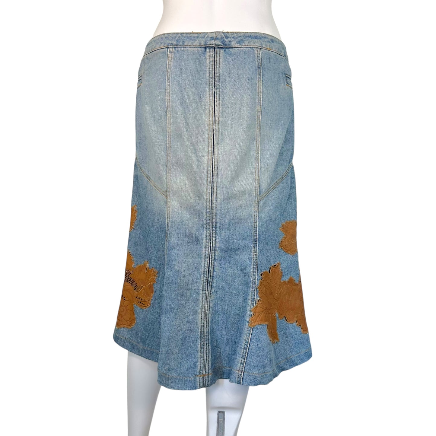 Roberto Cavalli F/W 2002 Denim Midi Skirt w/ Floral Leather Appliques