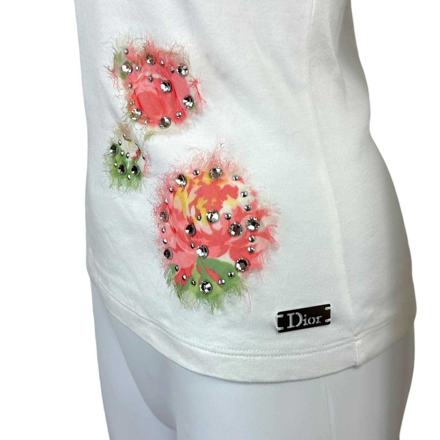 Christian Dior S/S 2005 White & Pink Rhinestone & Floral Embellished T-Shirt